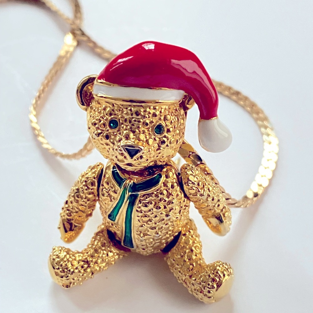 Christmas Bear brooch pendant movable gold tone enamel rheistones pin vintage